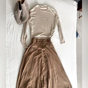 Set of 2 - Korean designer wool crew neck top and a suede A line skirt